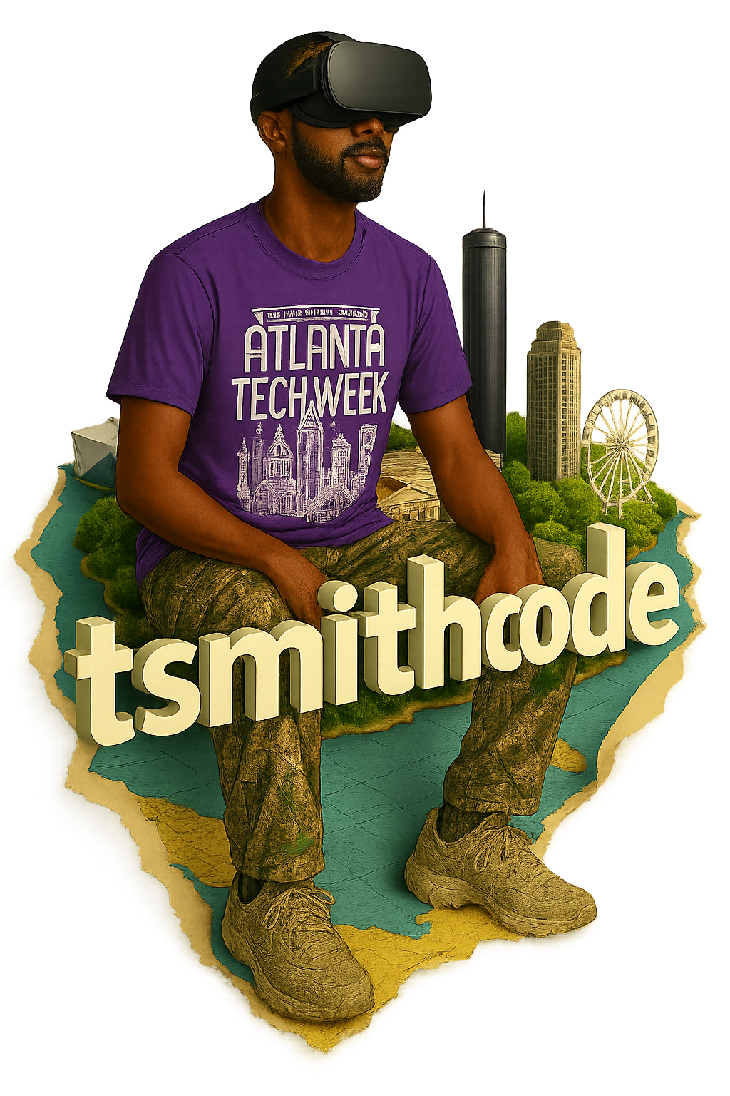 Thomas Smith wearing a VR headset and Atlanta Techweek shirt, seated above a miniature Atlanta skyline and TSmithCode lettering.
